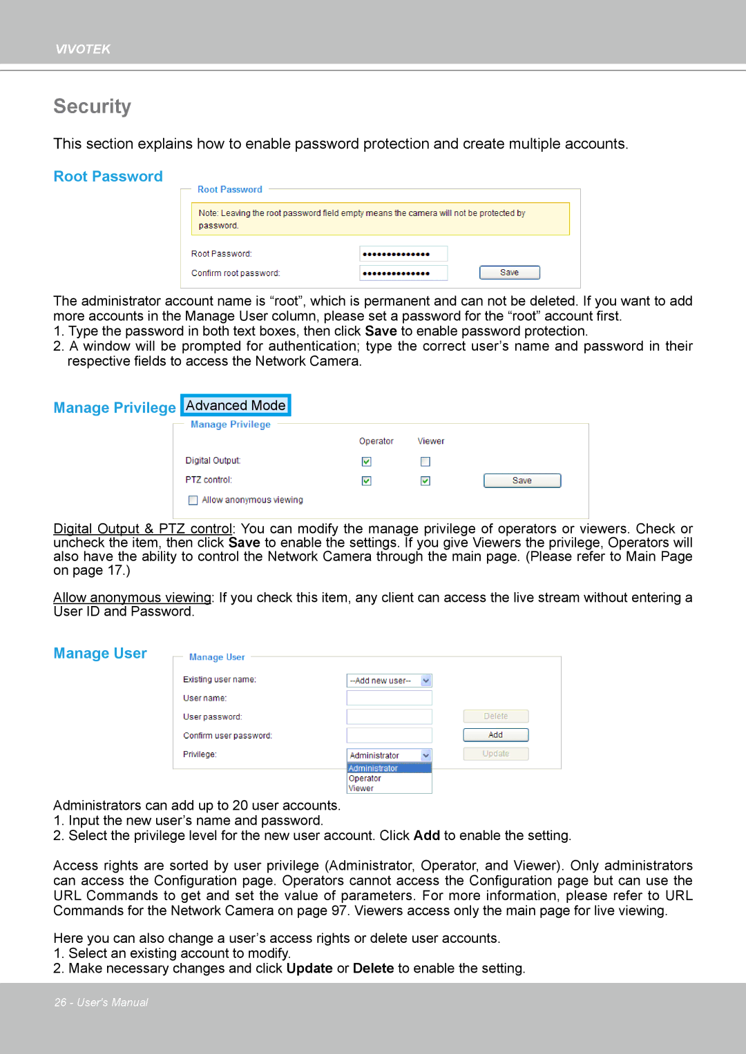 Vivotek PZ8111 manual Security, Root Password, Manage Privilege, Manage User 