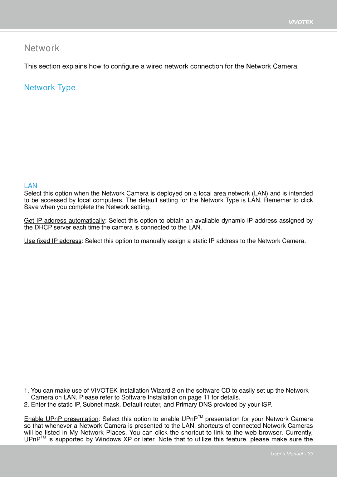 Vivotek PZ8111 manual Network Type 