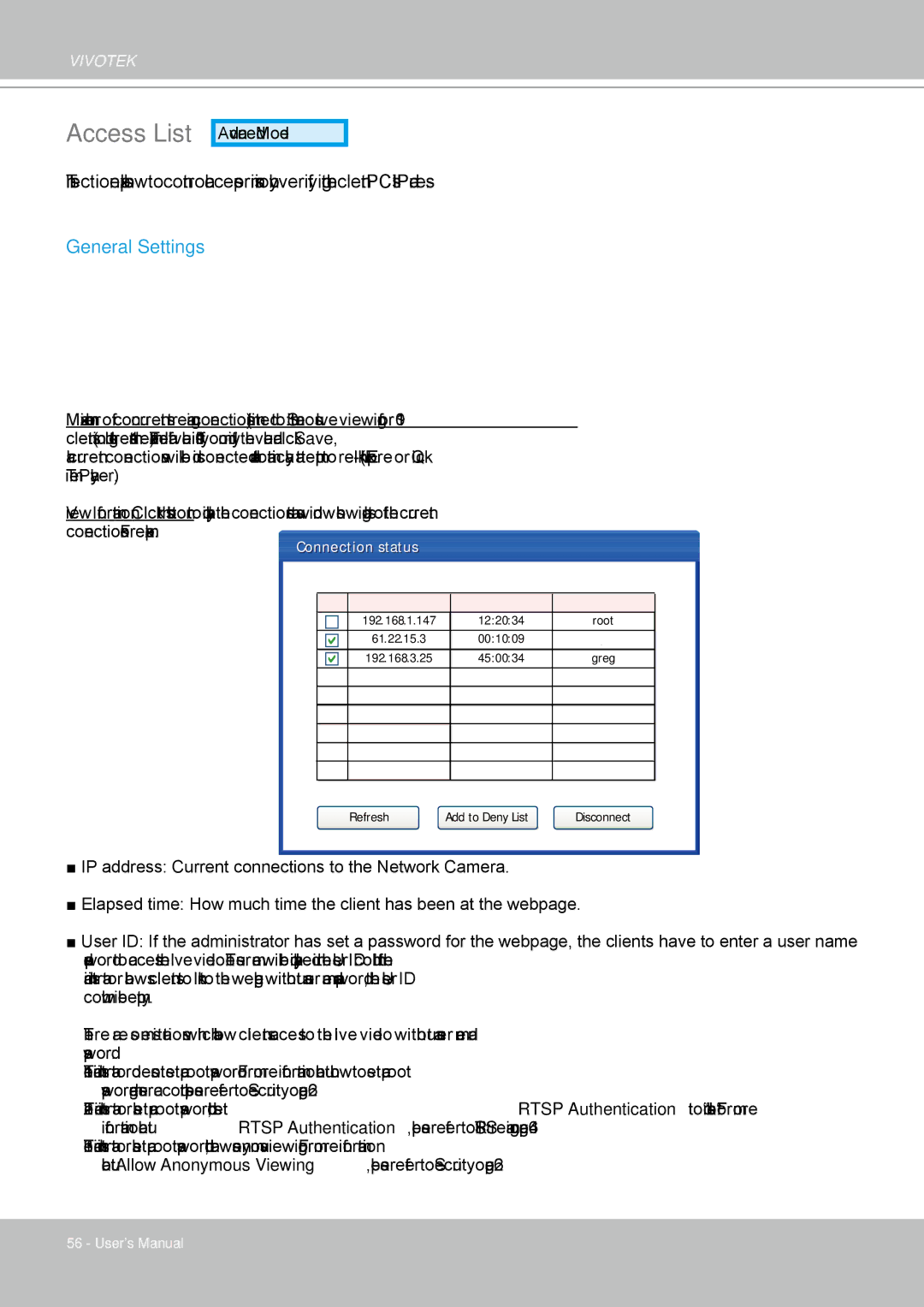 Vivotek PZ8111 manual Access List, General Settings 