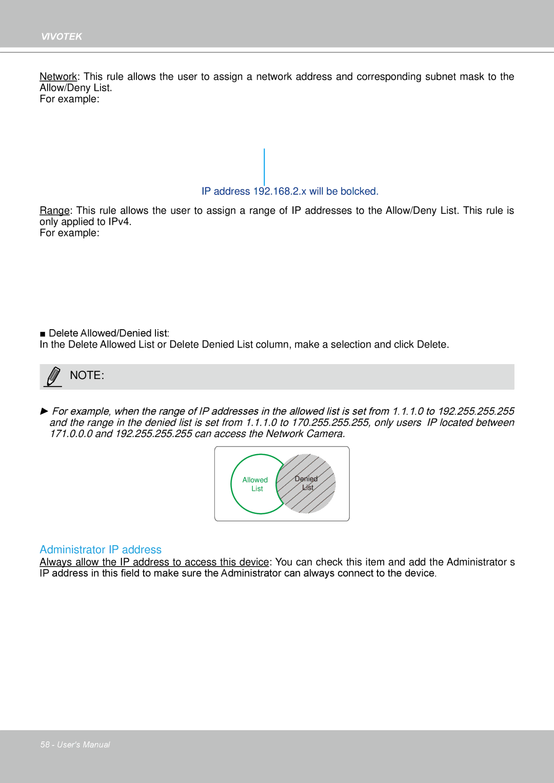 Vivotek PZ8111 manual Administrator IP address, IP address 192.168.2.x will be bolcked 