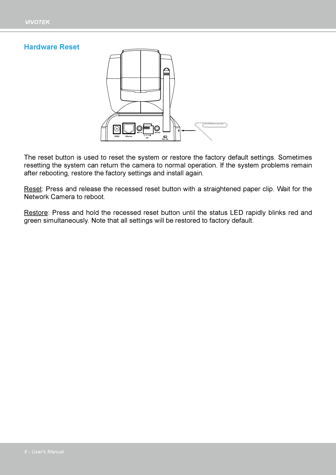 Vivotek PZ8111 manual Hardware Reset 