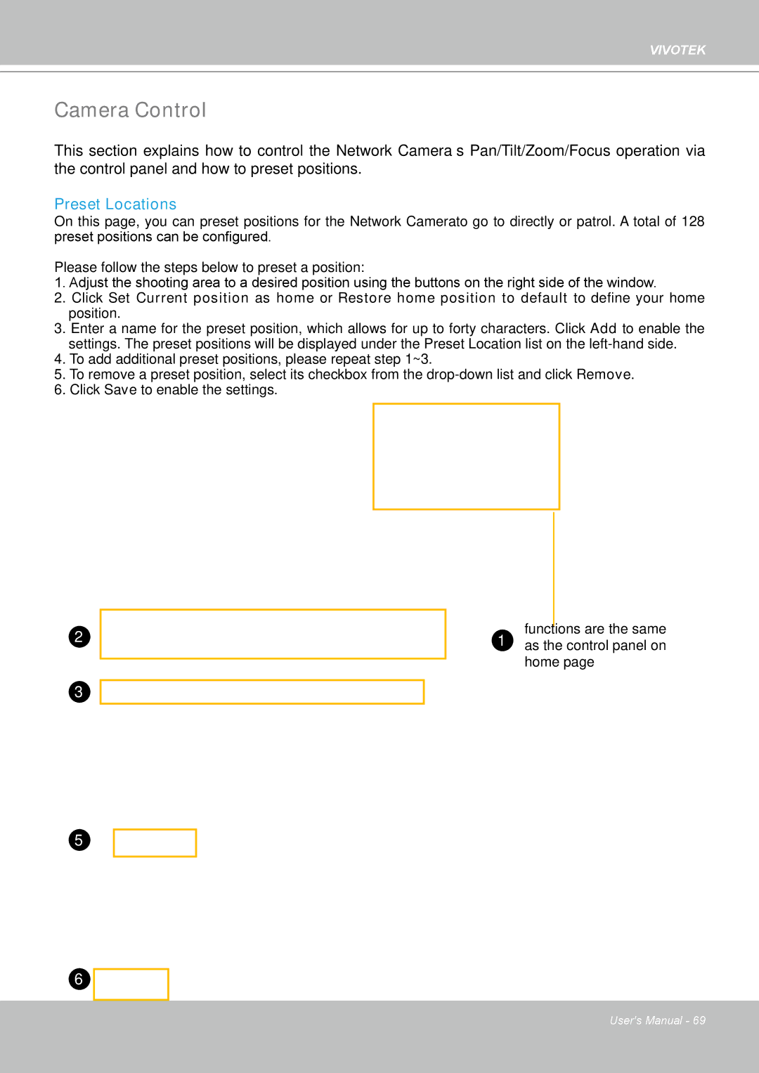 Vivotek PZ8111 manual Camera Control, Preset Locations 