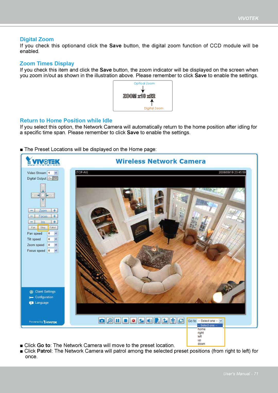 Vivotek PZ8111 manual Digital Zoom, Zoom Times Display, Return to Home Position while Idle 