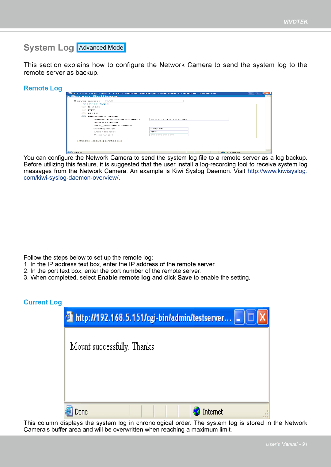 Vivotek PZ8111 manual System Log, Remote Log, Current Log 