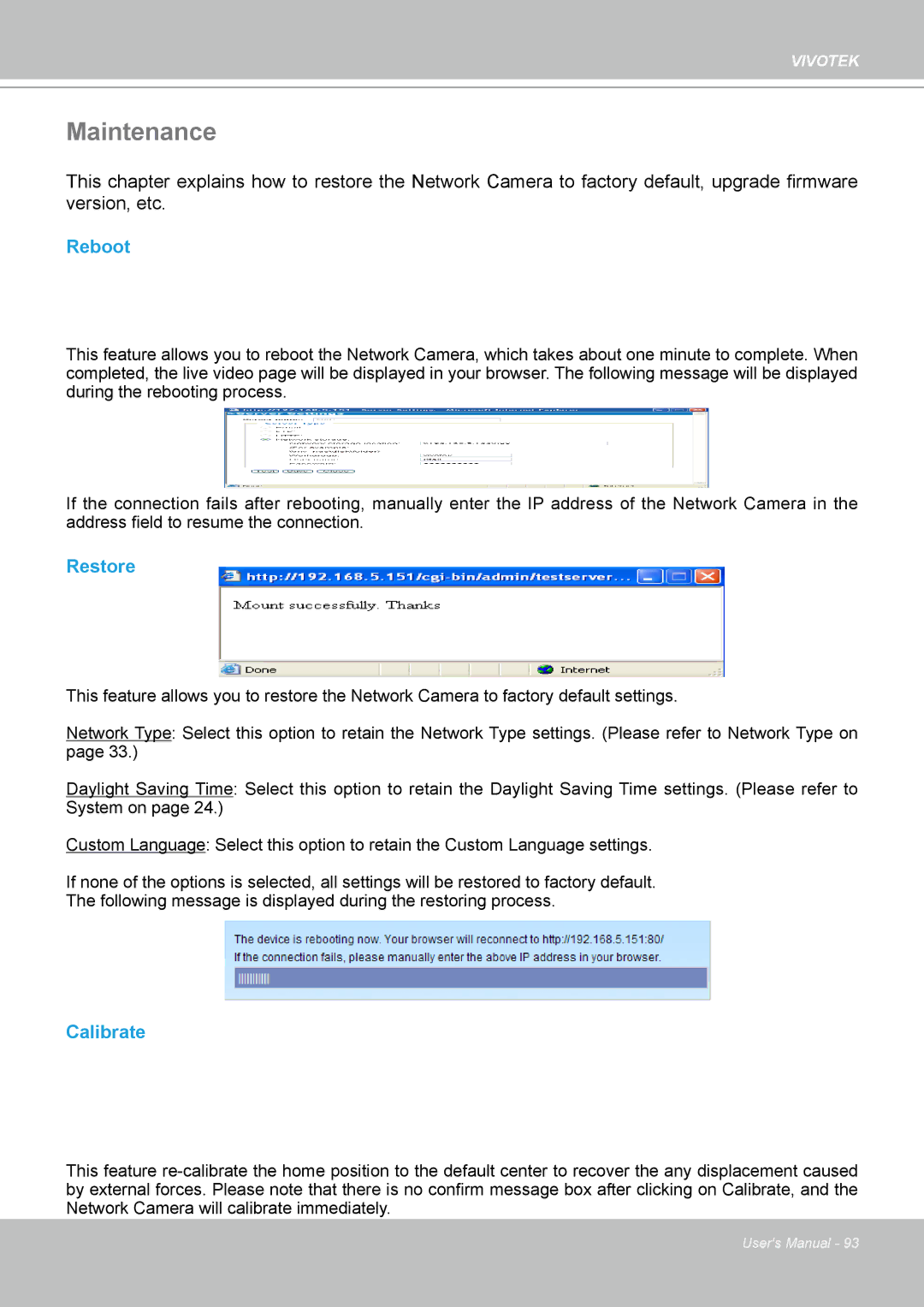 Vivotek PZ8111 manual Maintenance, Reboot, Restore, Calibrate 