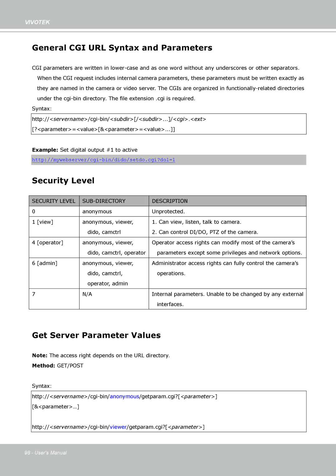 Vivotek PZ8111 manual General CGI URL Syntax and Parameters, Security Level, Get Server Parameter Values 