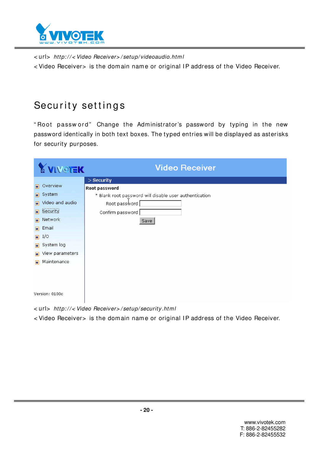 Vivotek RX7101 manual Security settings 