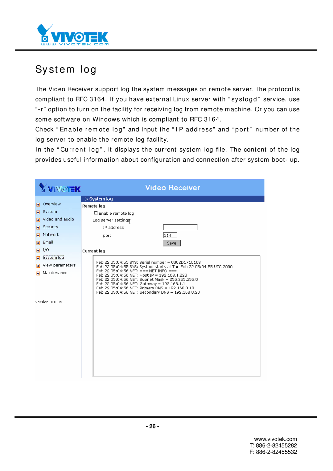 Vivotek RX7101 manual System log 