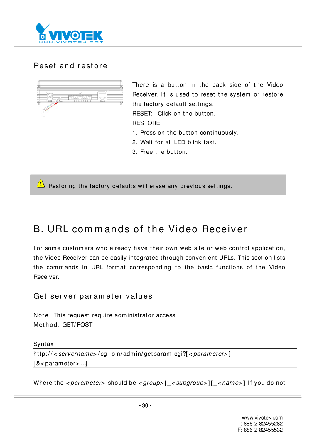 Vivotek RX7101 manual URL commands of the Video Receiver, Reset and restore, Get server parameter values, Restore 