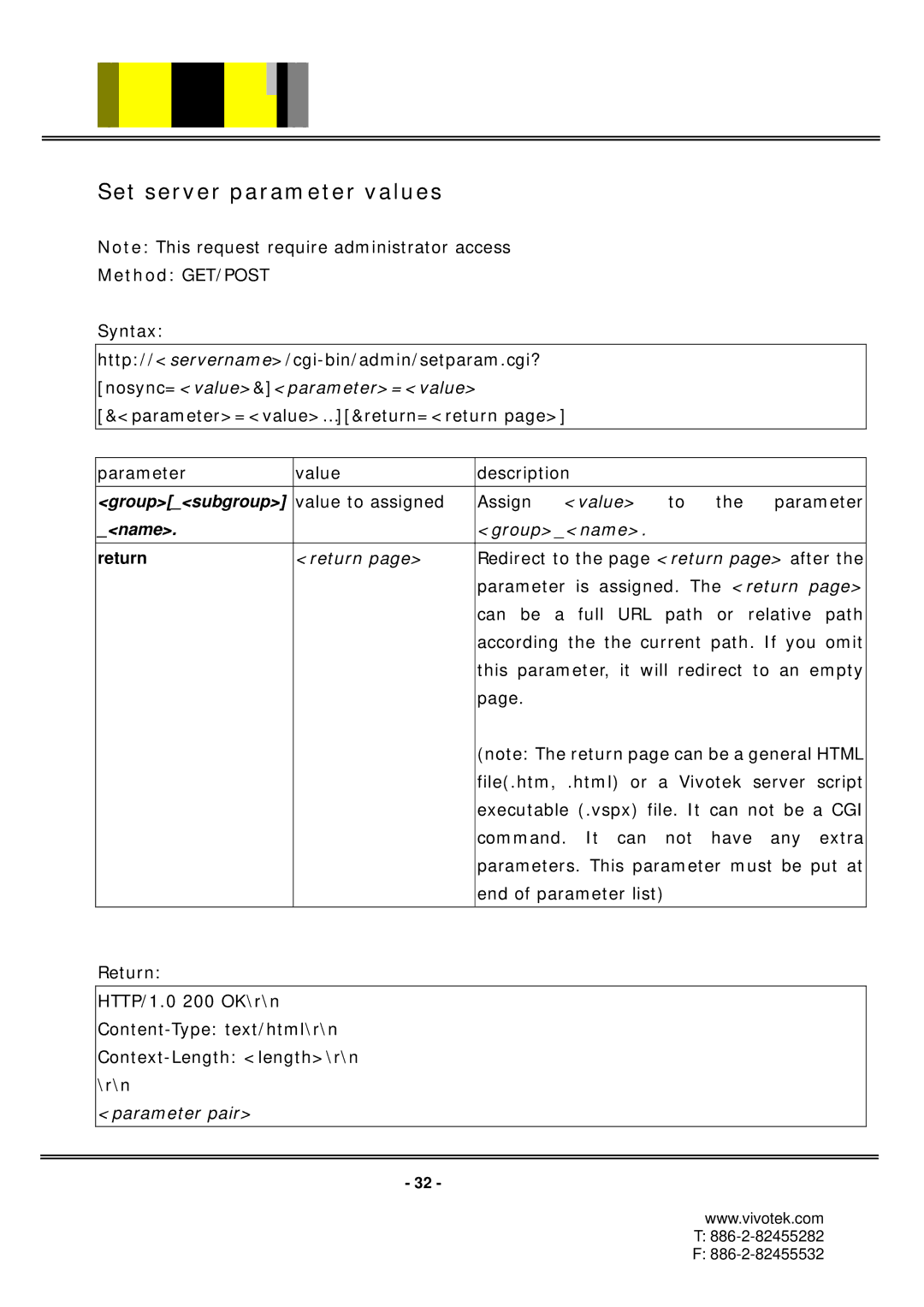 Vivotek RX7101 manual Set server parameter values, Name 