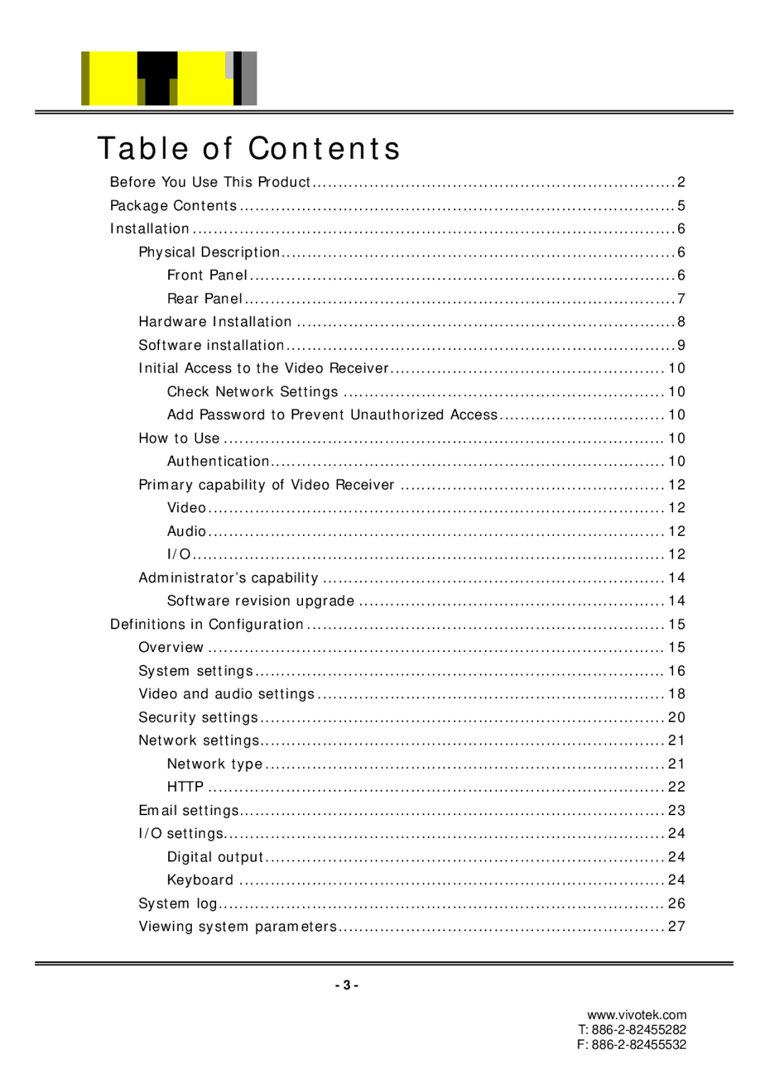 Vivotek RX7101 manual Table of Contents 