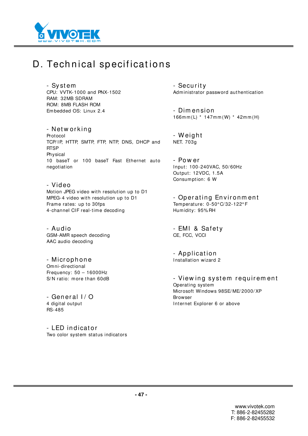 Vivotek RX7101 manual Technical specifications, System Security 