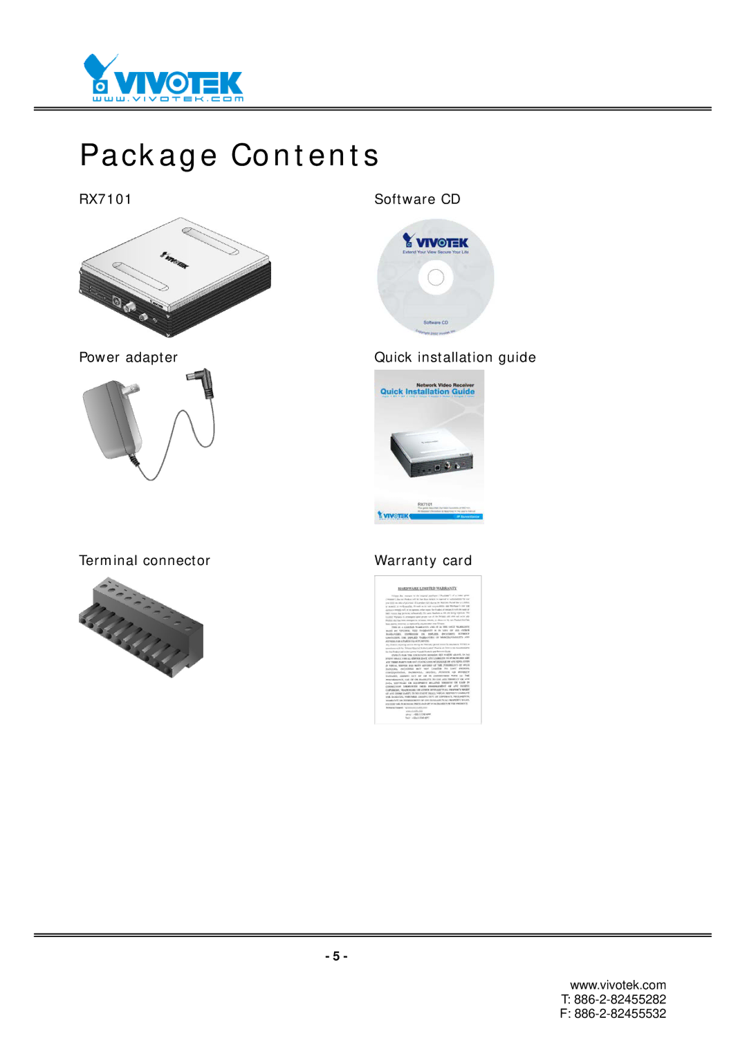 Vivotek RX7101 manual Package Contents 