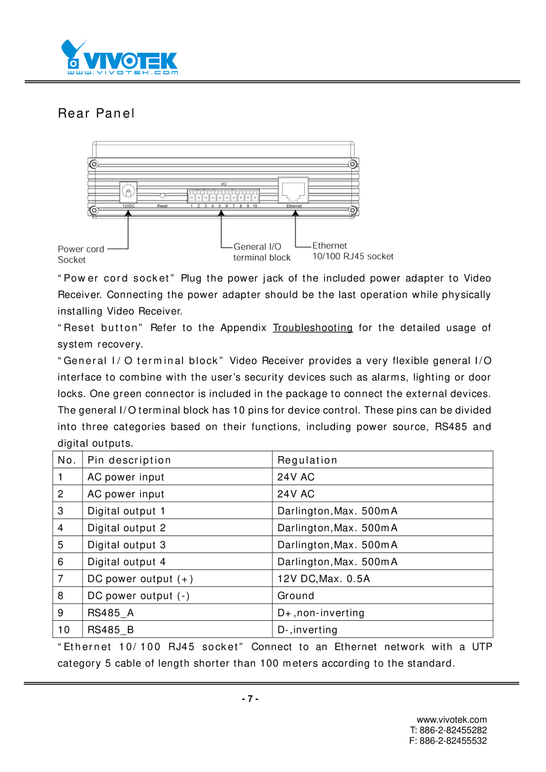 Vivotek RX7101 manual Rear Panel, Pin description Regulation 