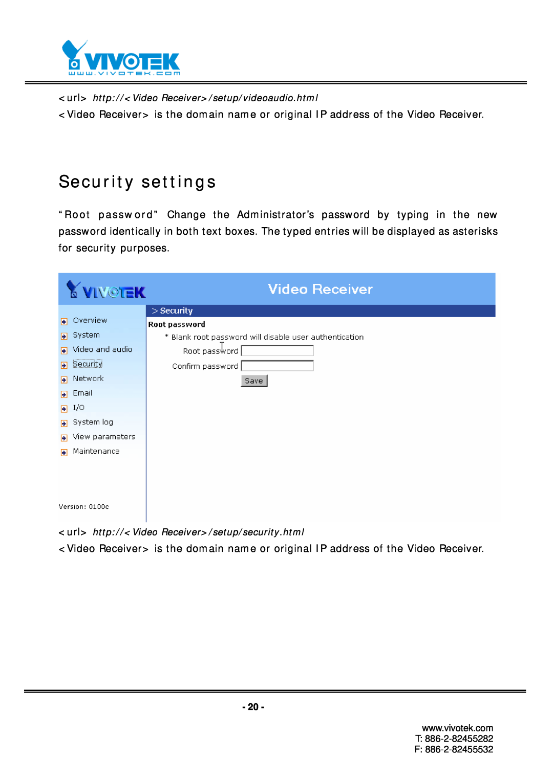 Vivotek RX7101 manual Security settings 