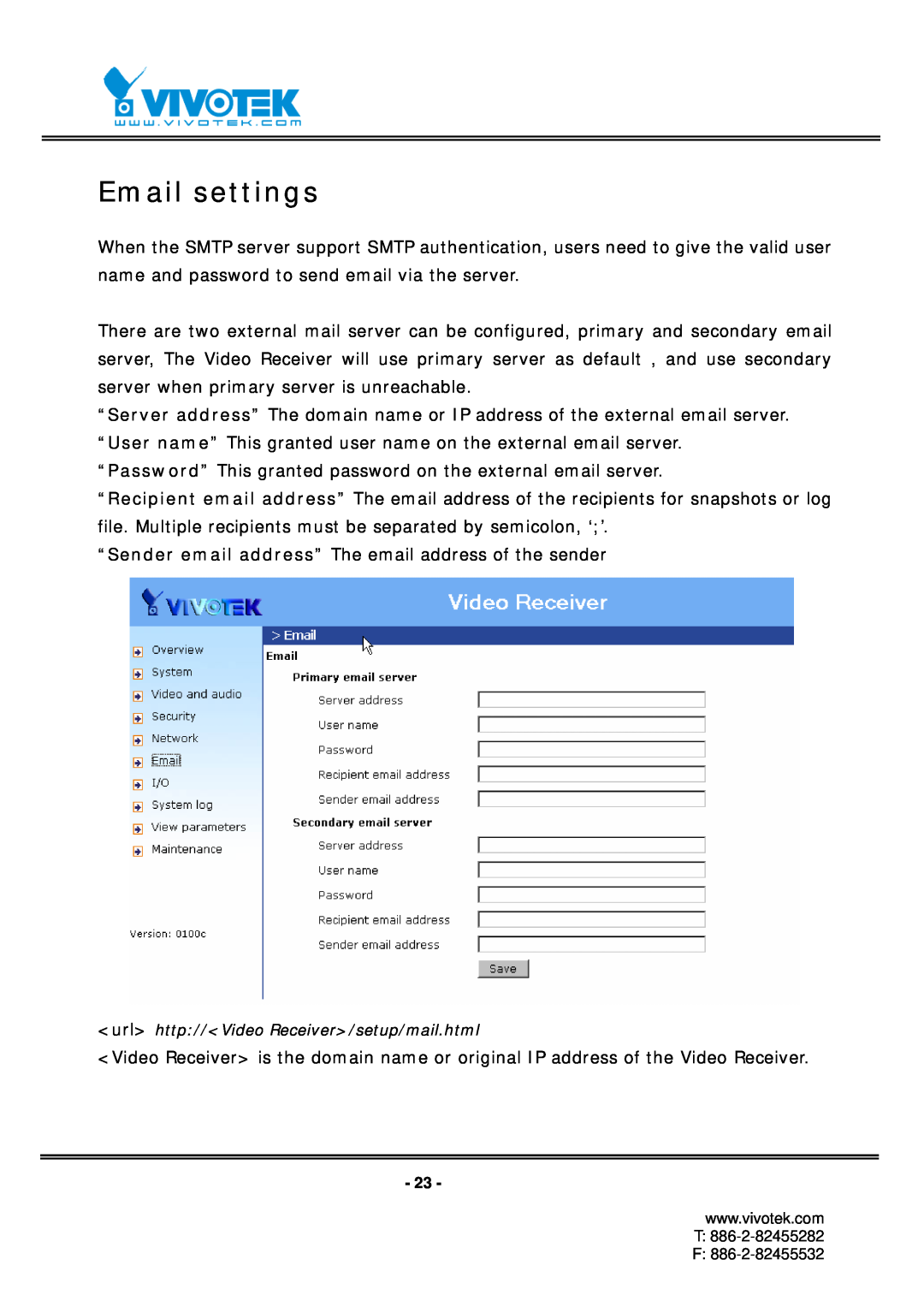 Vivotek RX7101 manual Email settings 