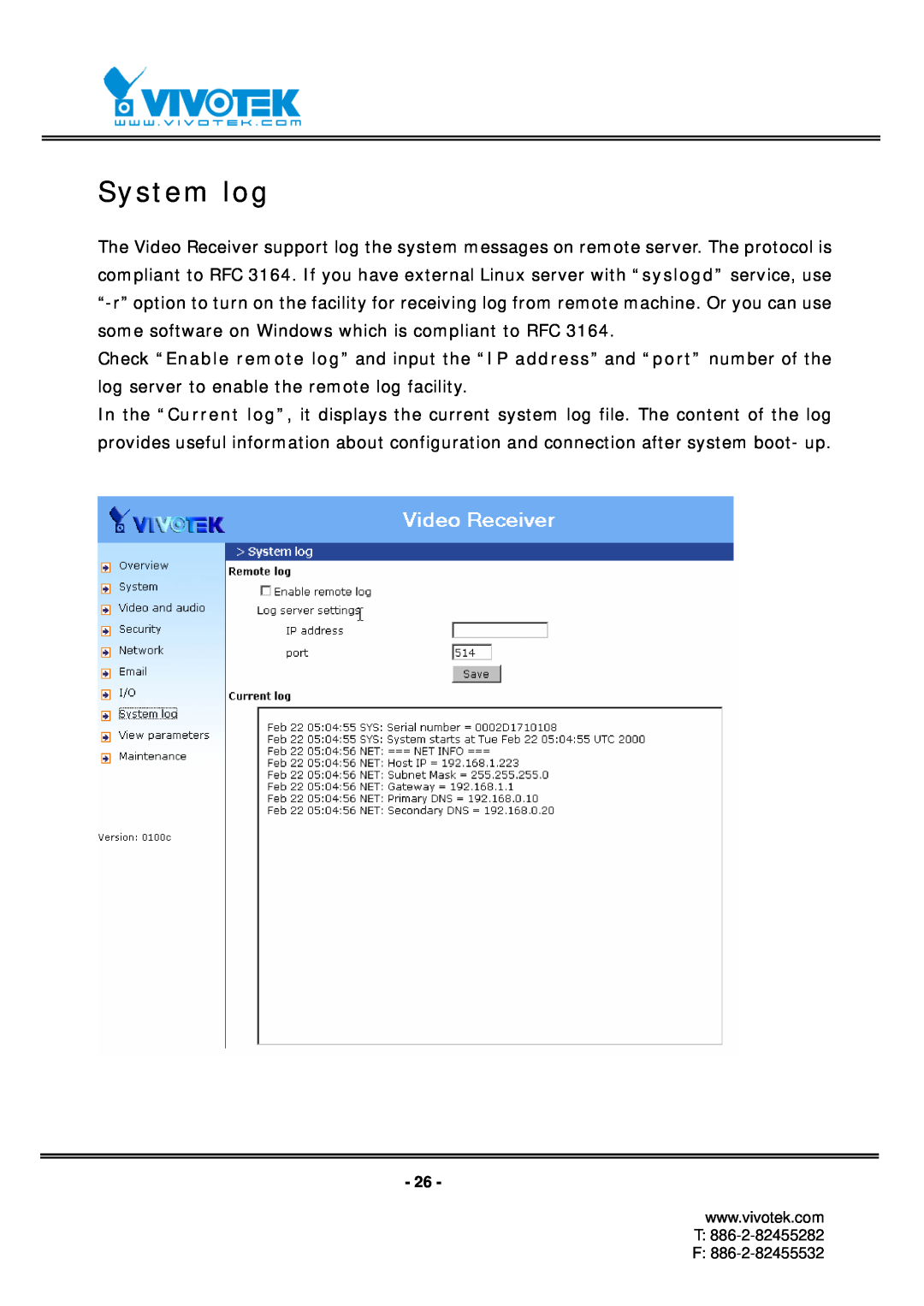 Vivotek RX7101 manual System log 