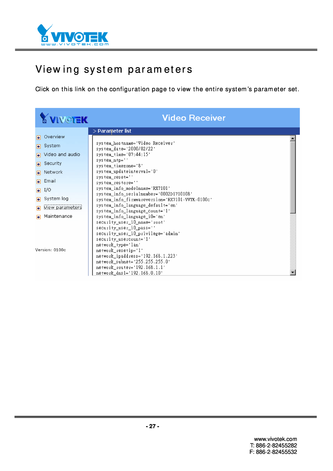 Vivotek RX7101 manual Viewing system parameters 
