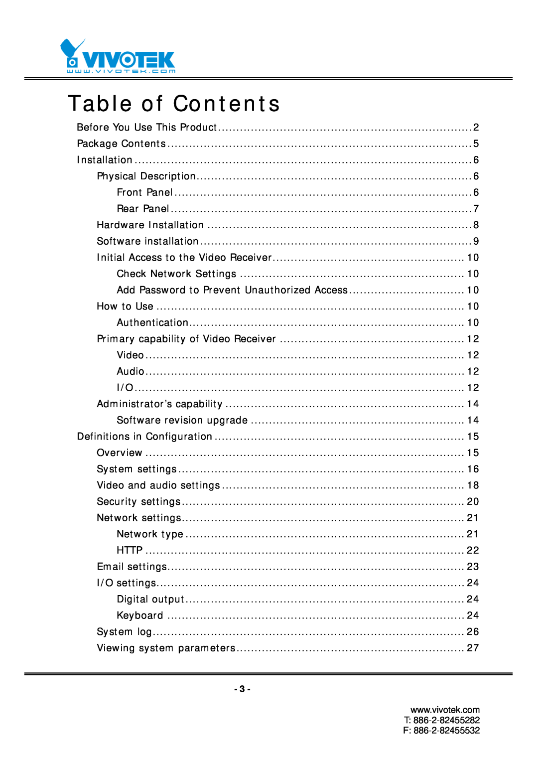 Vivotek RX7101 manual Table of Contents 
