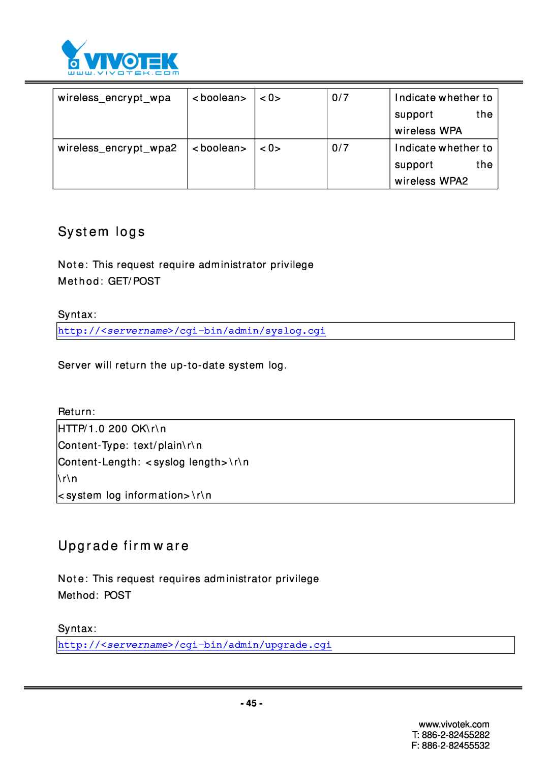 Vivotek RX7101 manual System logs, Upgrade firmware, Method GET/POST 