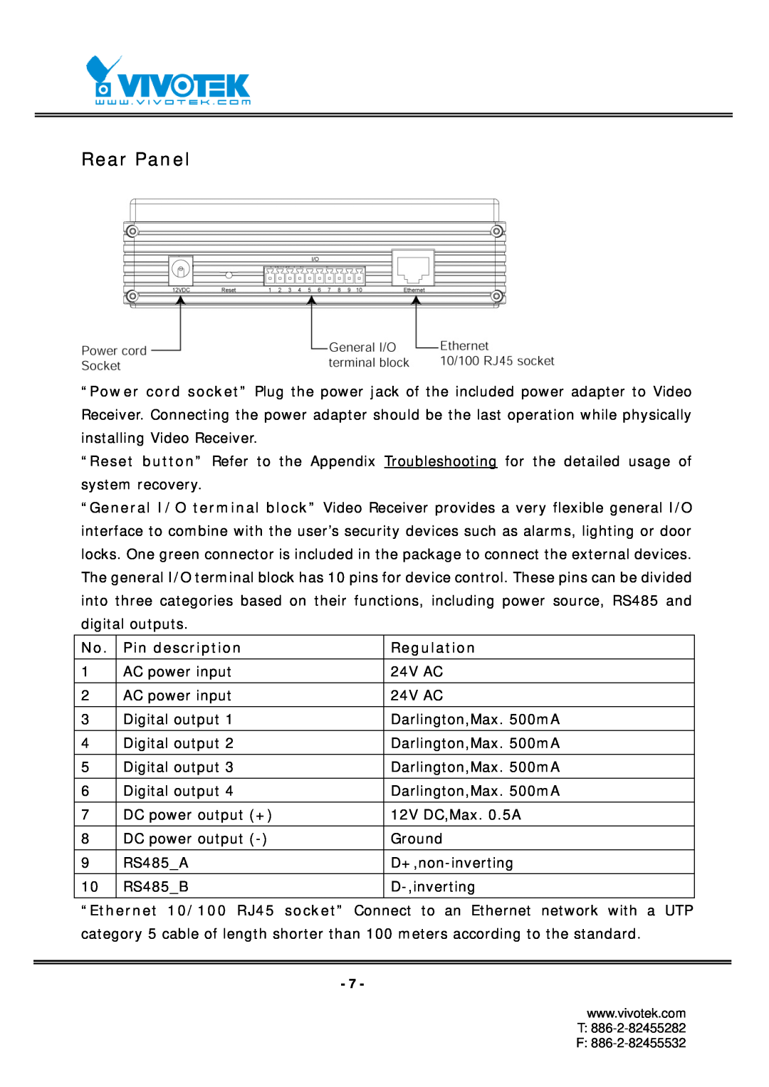 Vivotek RX7101 manual Rear Panel, Pin description, Regulation 