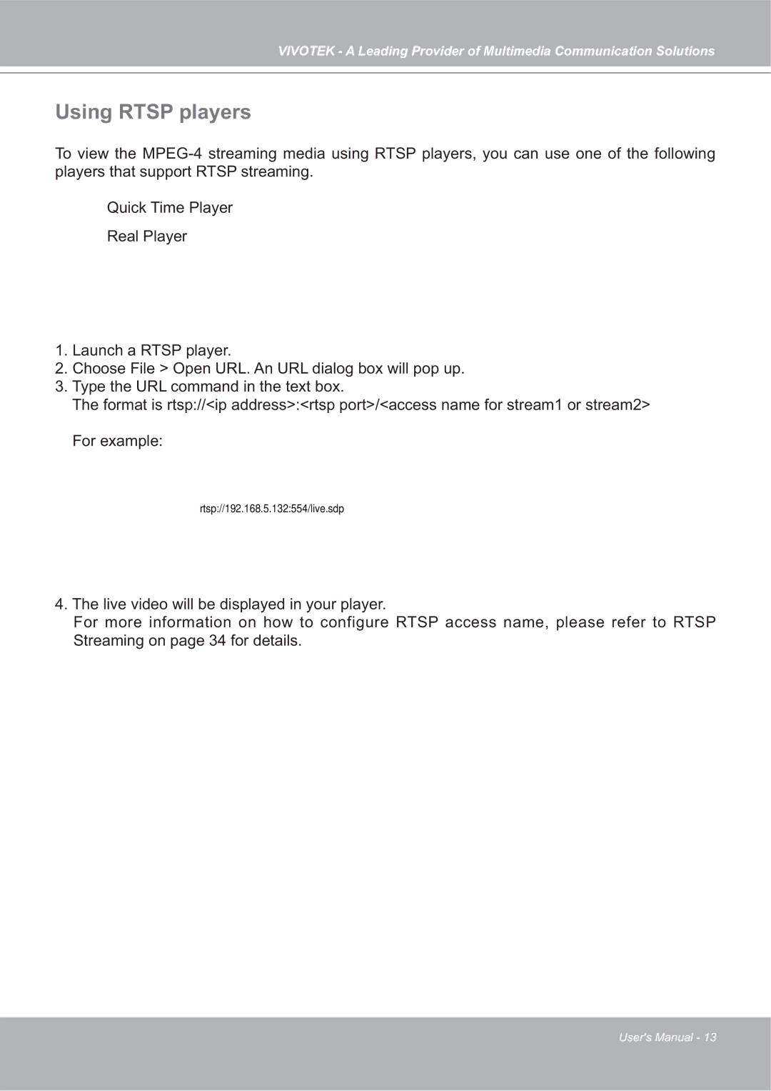 Vivotek SD7151 manual Using Rtsp players 
