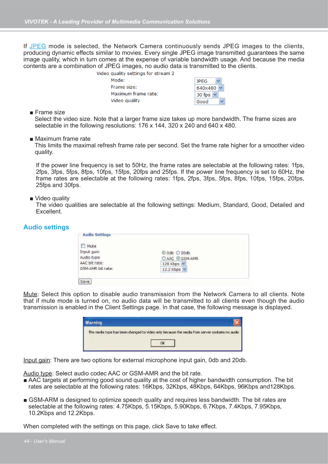 Vivotek SD7151 manual Audio settings 