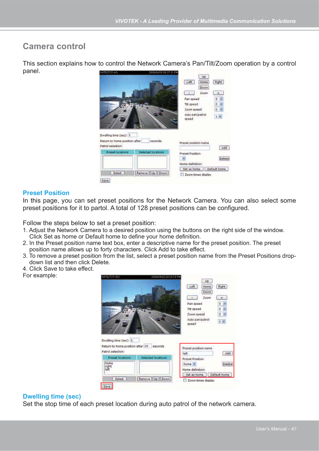 Vivotek SD7151 manual Camera control, Preset Position, Dwelling time sec 