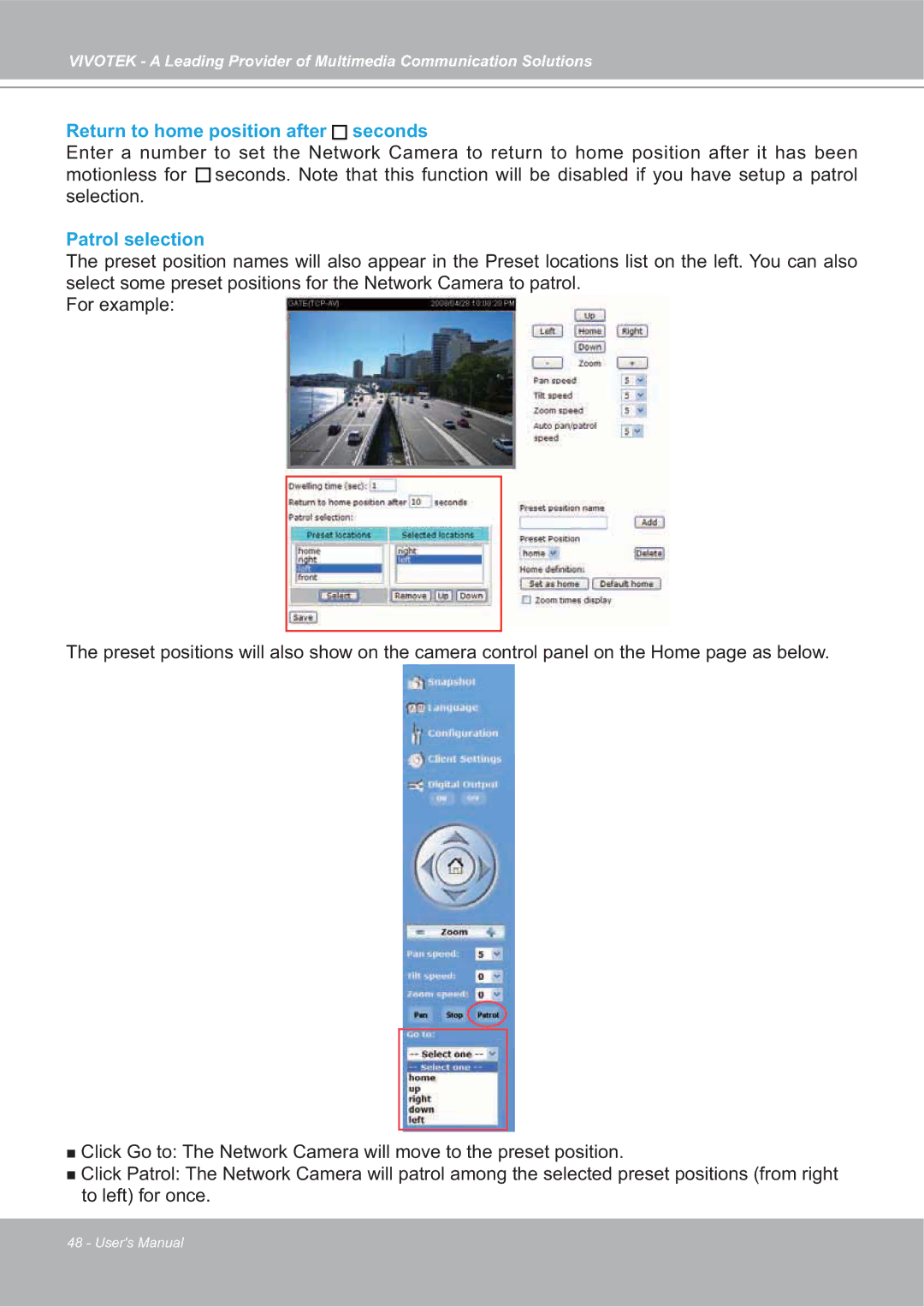 Vivotek SD7151 manual Return to home position after seconds, Patrol selection 