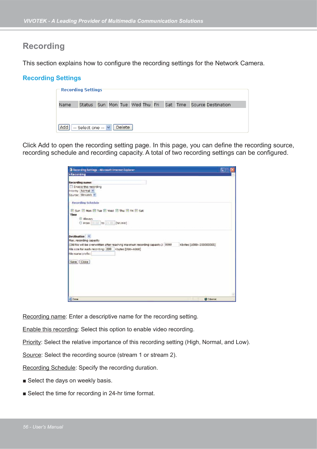 Vivotek SD7151 manual Recording Settings 