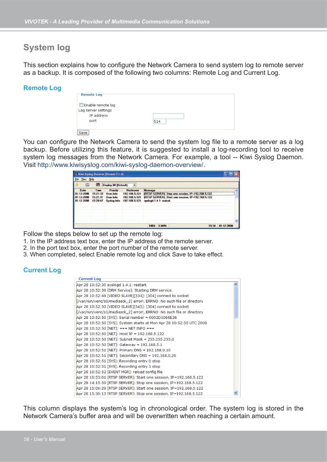 Vivotek SD7151 manual System log, Remote Log, Current Log 