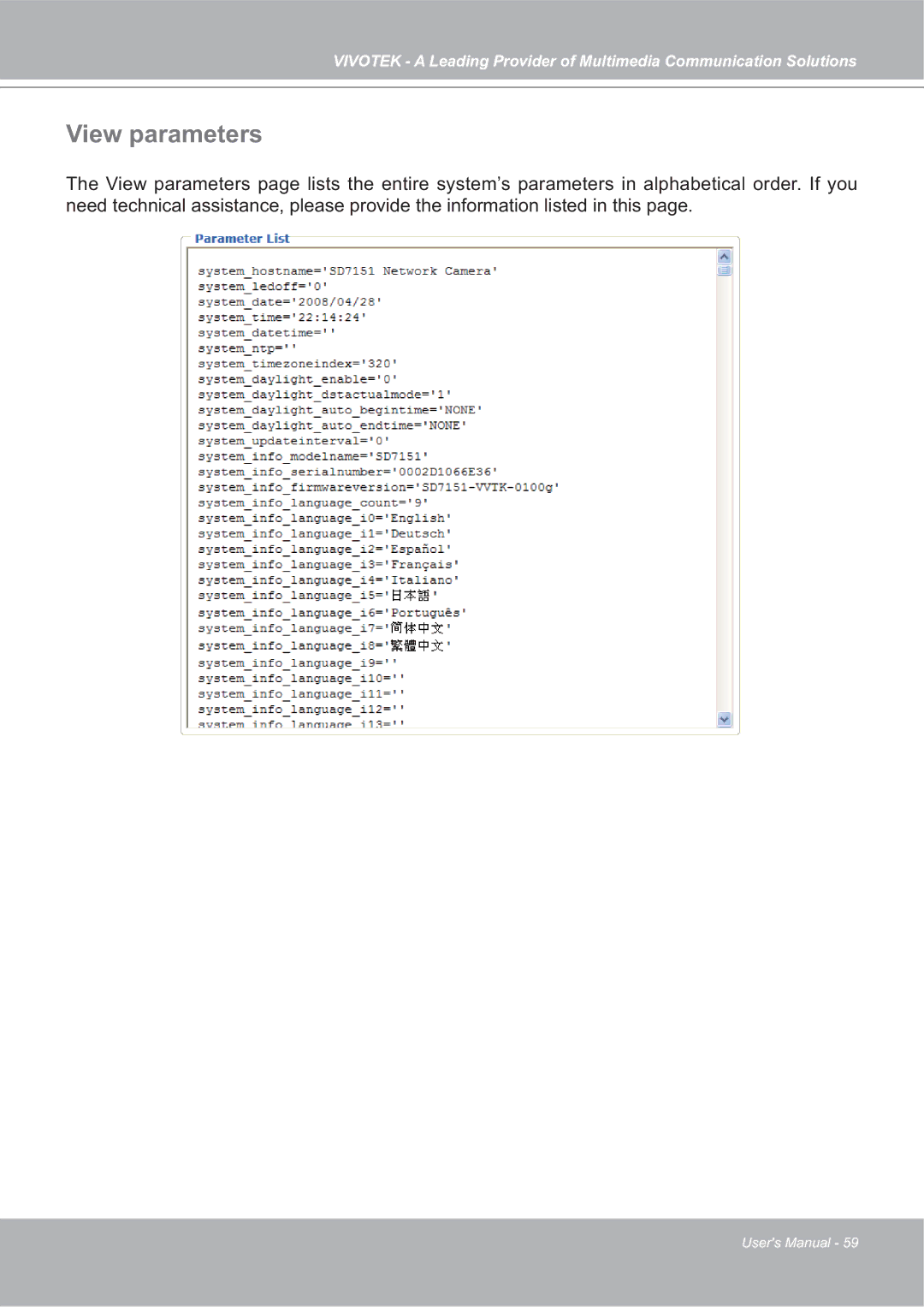 Vivotek SD7151 manual View parameters 