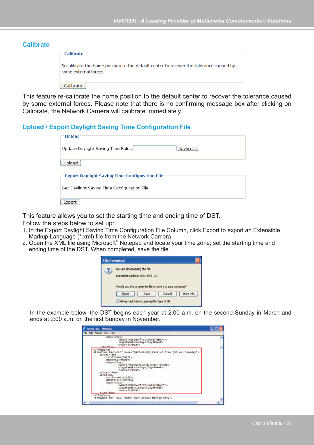 Vivotek SD7151 manual Calibrate, Upload / Export Daylight Saving Time Conﬁguration File 