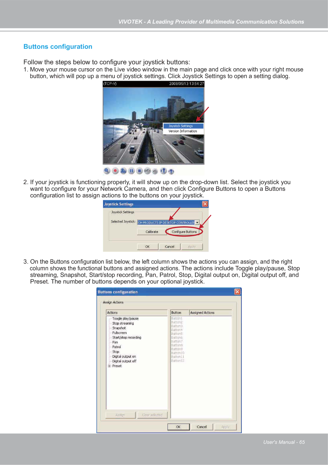 Vivotek SD7151 manual Buttons conﬁguration, Follow the steps below to conﬁgure your joystick buttons 