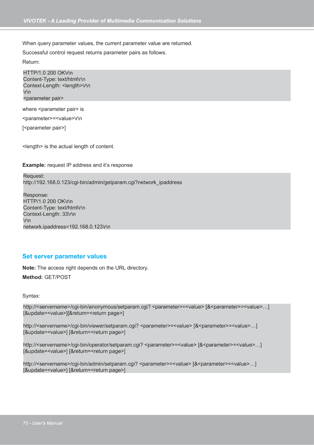 Vivotek SD7151 manual Set server parameter values 