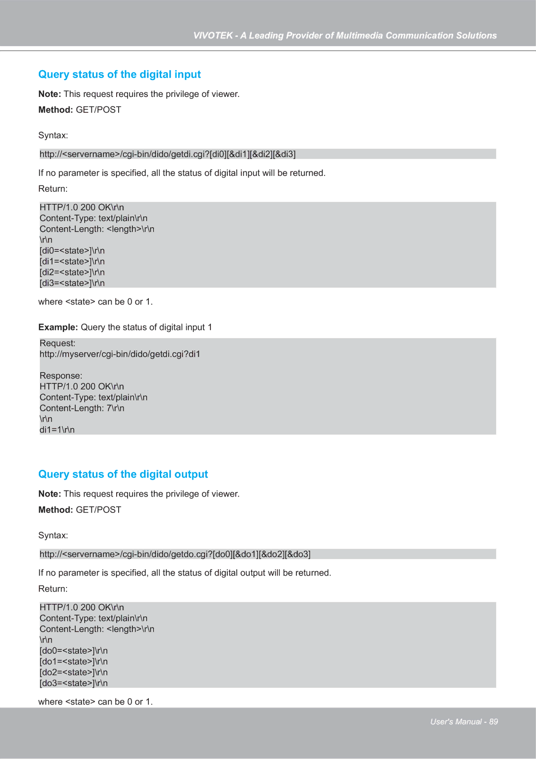 Vivotek SD7151 manual Query status of the digital input, Query status of the digital output 