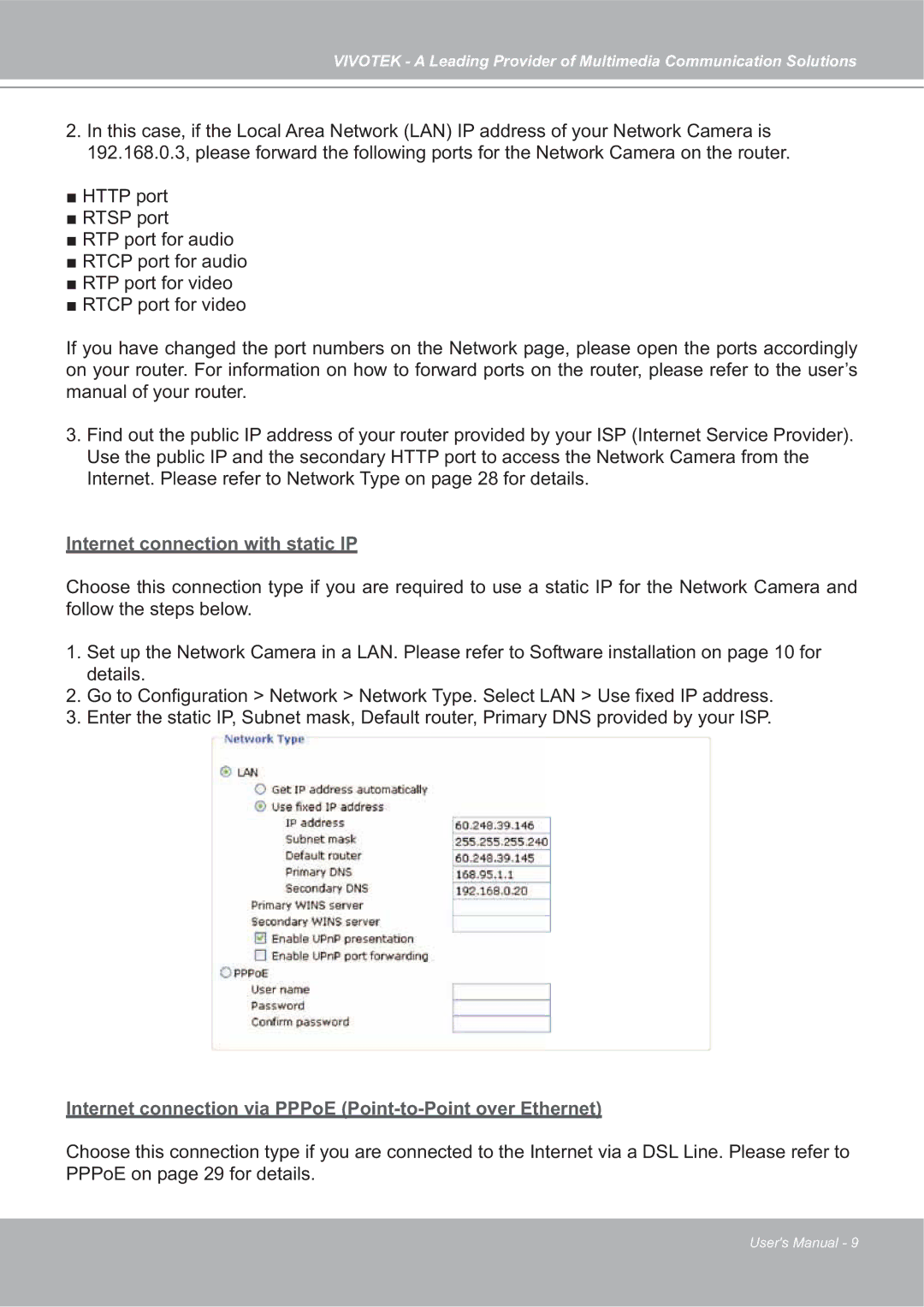 Vivotek SD7151 manual Internet connection with static IP 