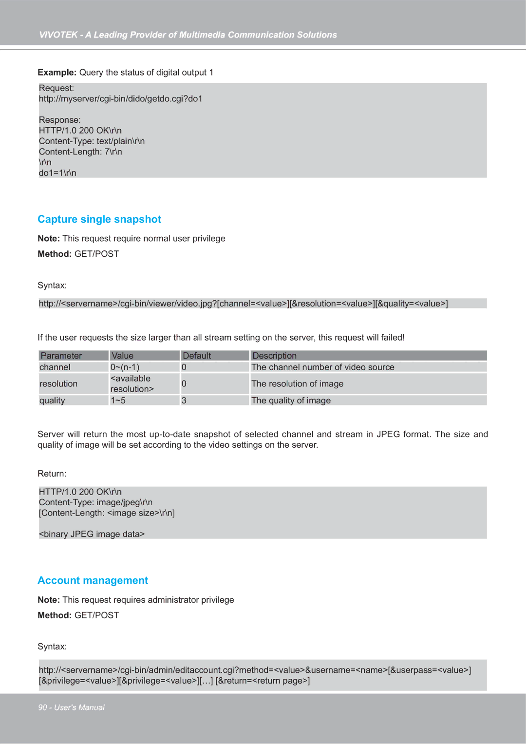 Vivotek SD7151 manual Capture single snapshot, Account management 