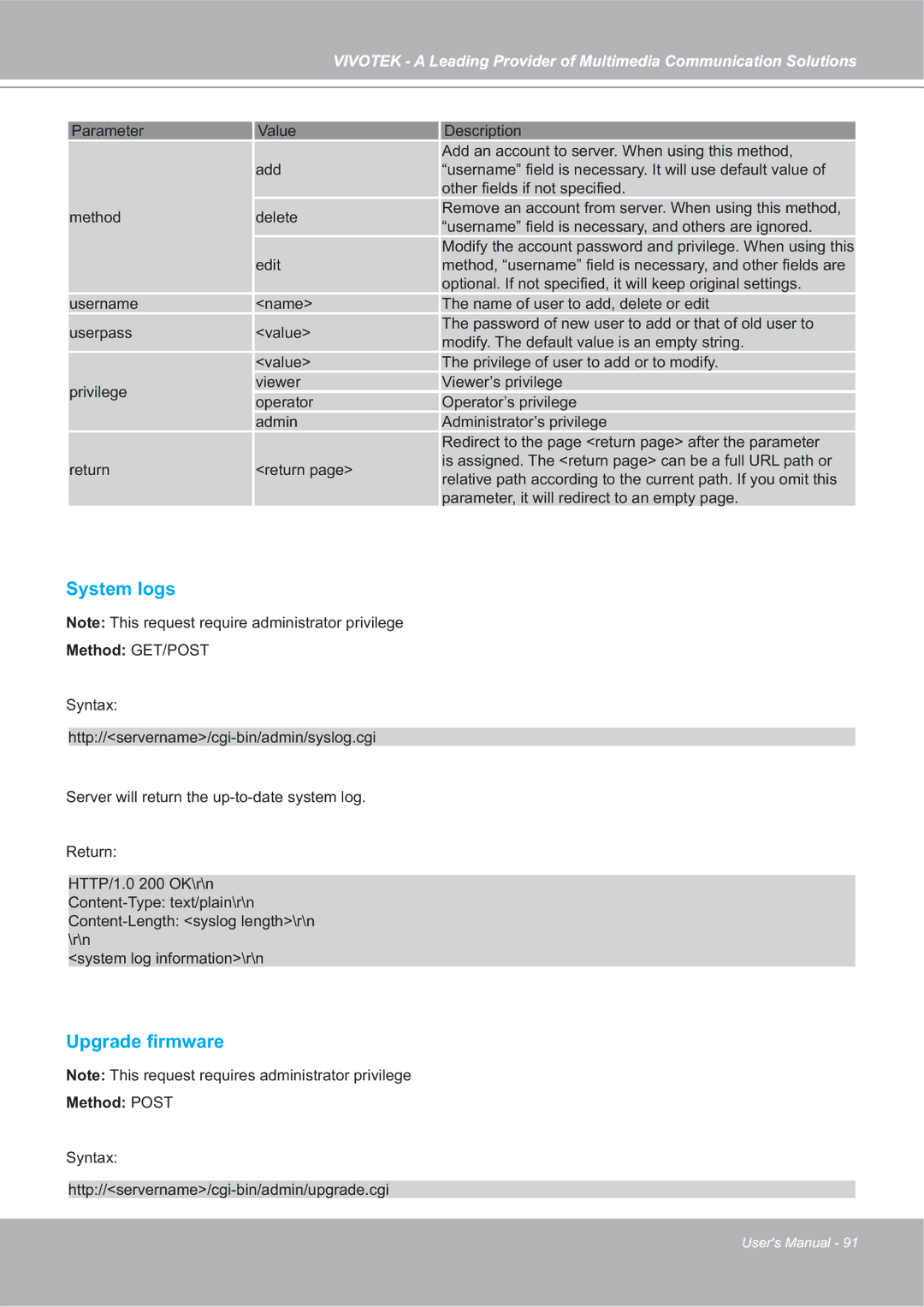 Vivotek SD7151 manual System logs, Upgrade ﬁrmware, Method Post 