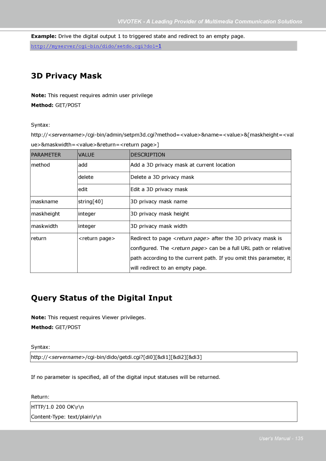 Vivotek SD7313 manual 3D Privacy Mask, Query Status of the Digital Input 