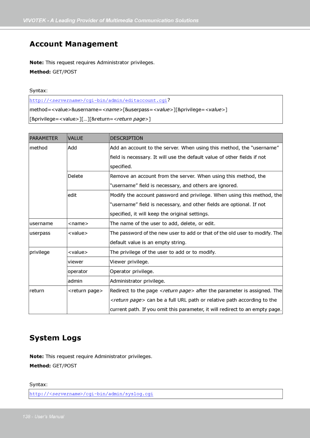 Vivotek SD7313 manual Account Management, System Logs 