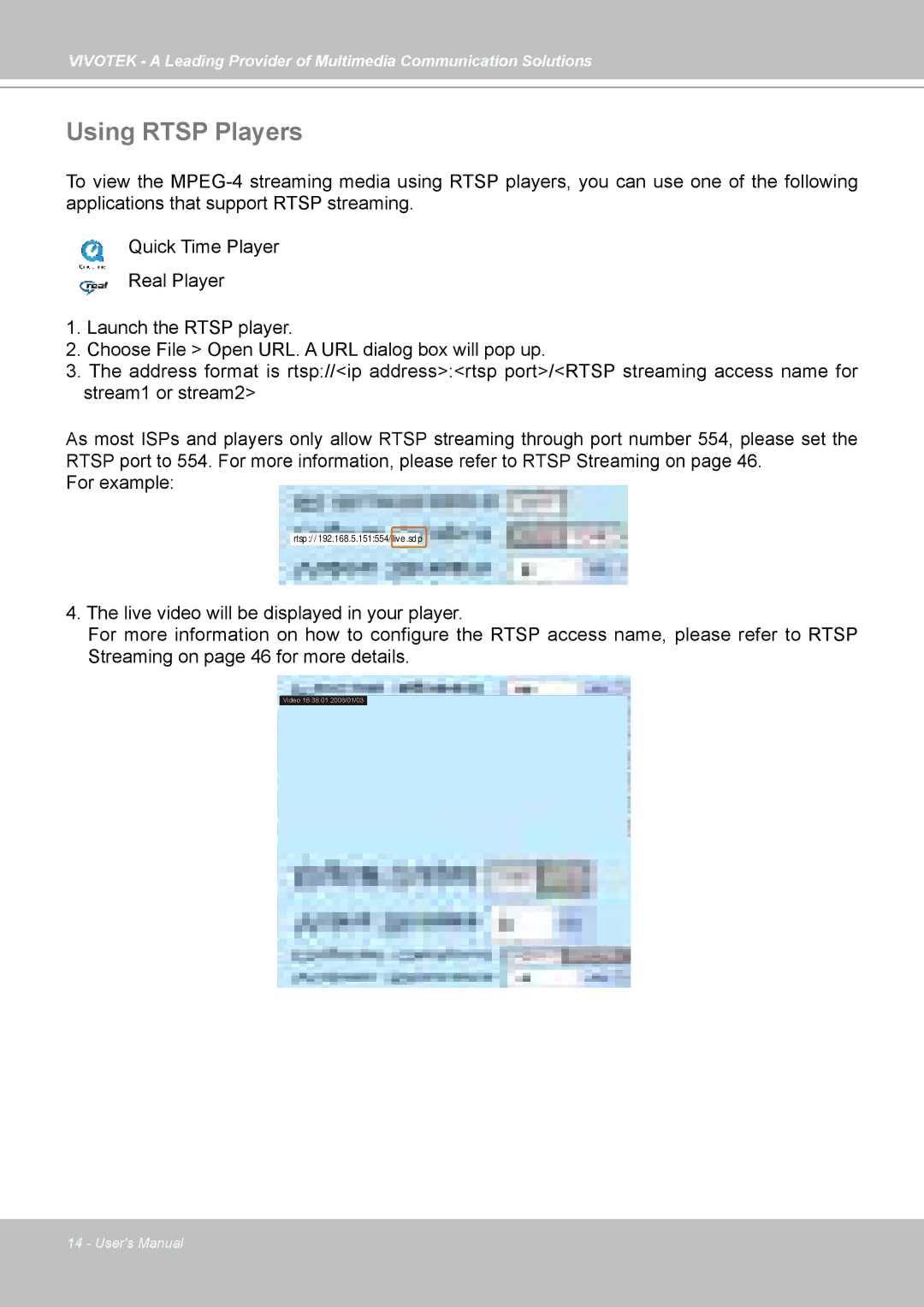 Vivotek SD7313 manual Using Rtsp Players 