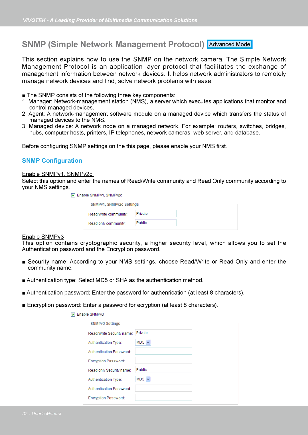 Vivotek SD7313 manual Snmp Simple Network Management Protocol, Snmp Configuration 