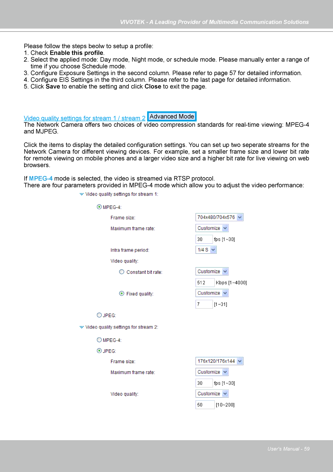 Vivotek SD7313 manual Check Enable this profile 