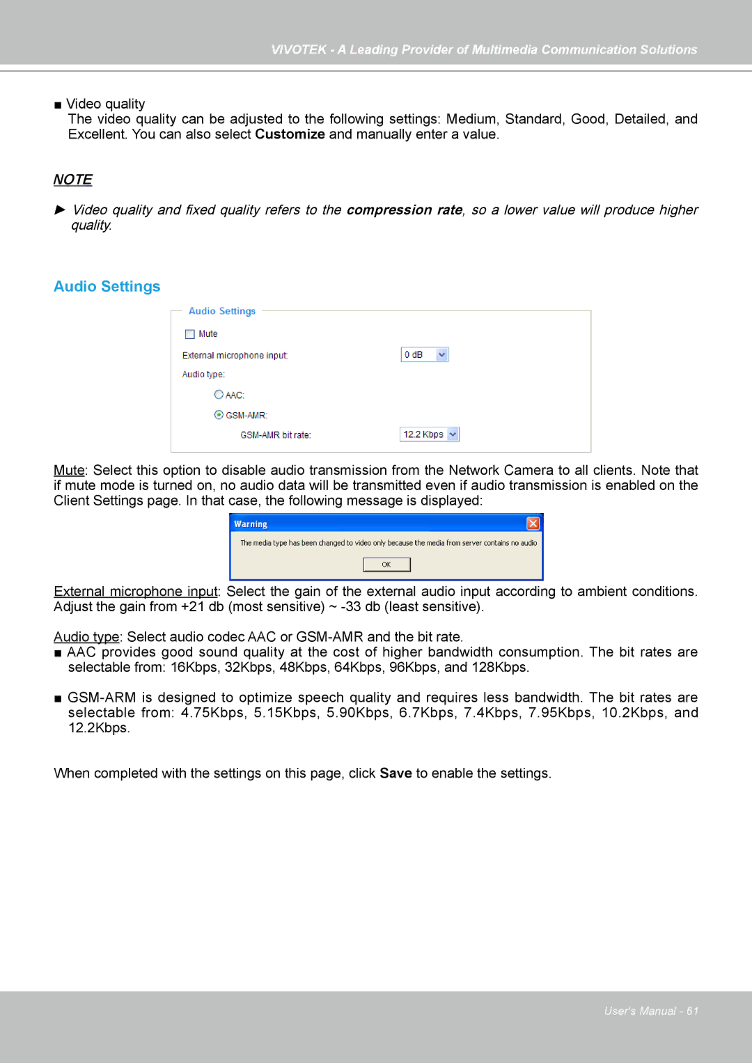 Vivotek SD7313 manual Audio Settings 