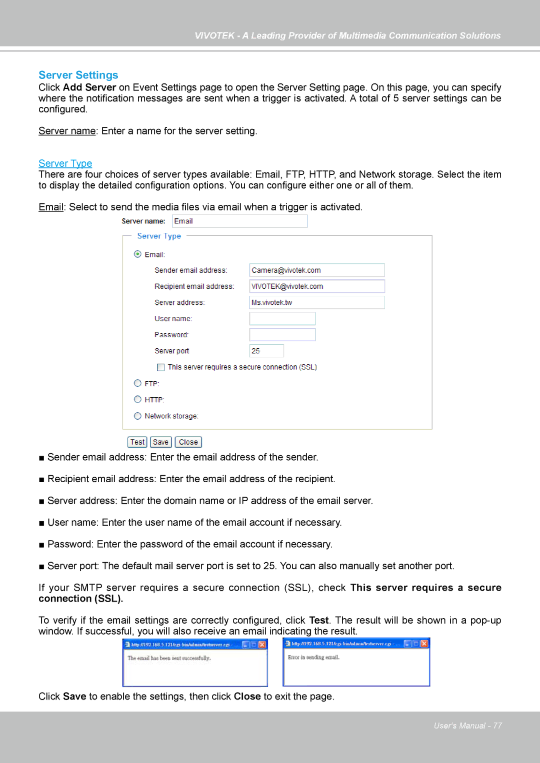 Vivotek SD7313 manual Server Settings, Server Type 