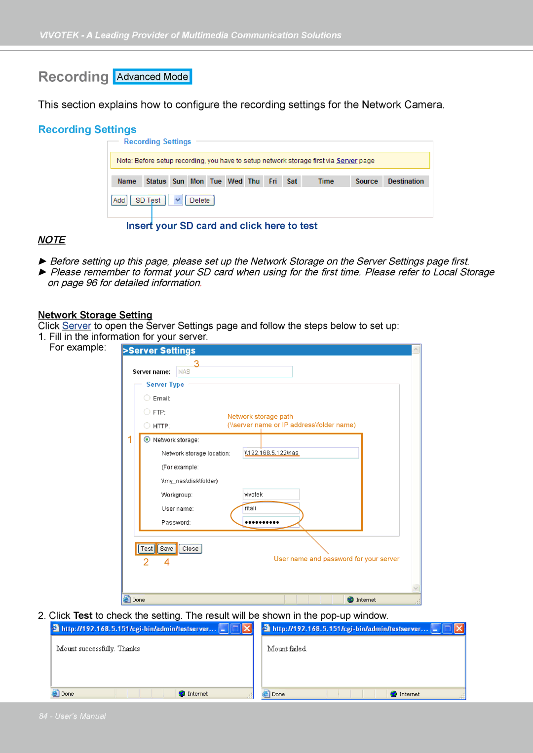 Vivotek SD7313 manual Recording Settings 