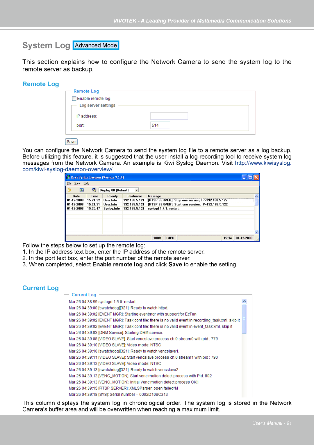 Vivotek SD7313 manual System Log, Remote Log, Current Log 