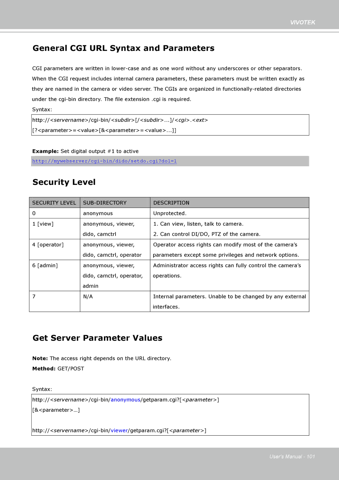 Vivotek SD8111 manual General CGI URL Syntax and Parameters, Security Level, Get Server Parameter Values 