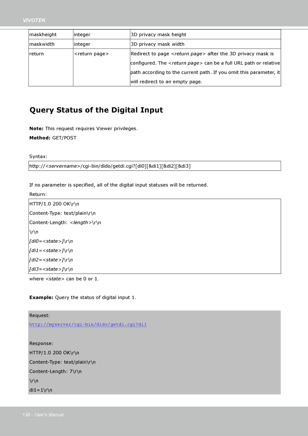 Vivotek SD8111 manual Query Status of the Digital Input, Di0=state\r\n Di1=state\r\n Di2=state\r\n Di3=state\r\n 